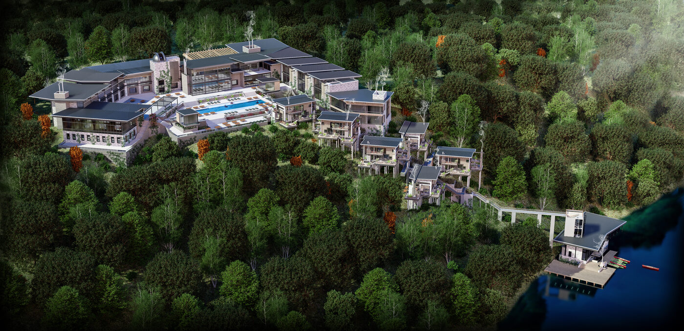 Aerial render — Ocoee Preserve resort concept nestled in the forest canopy