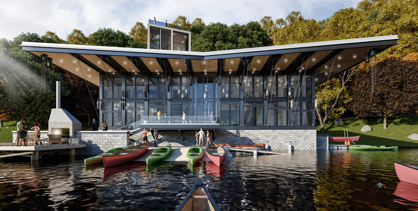 River boathouse render with kayak launch on the Ocoee